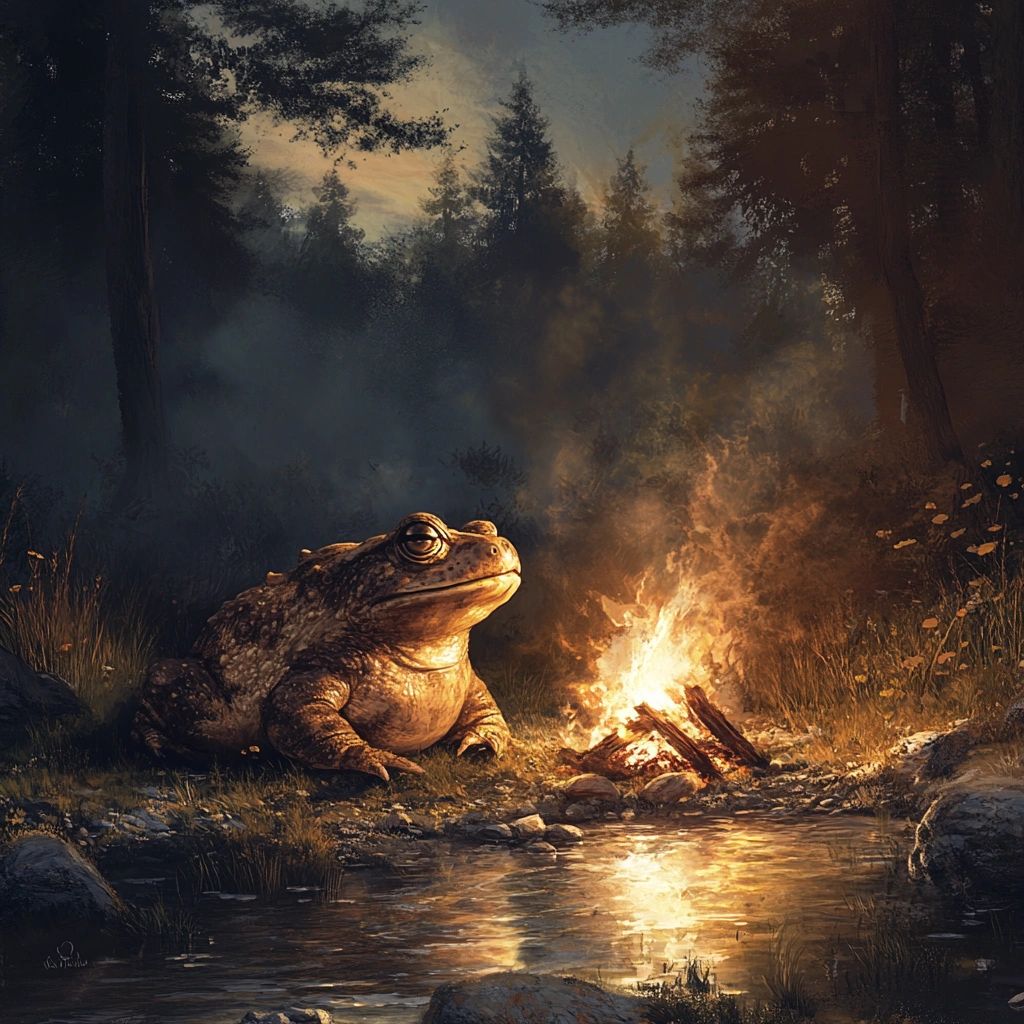 Illustration of a toad resting beside a campfire near a forest stream at dusk